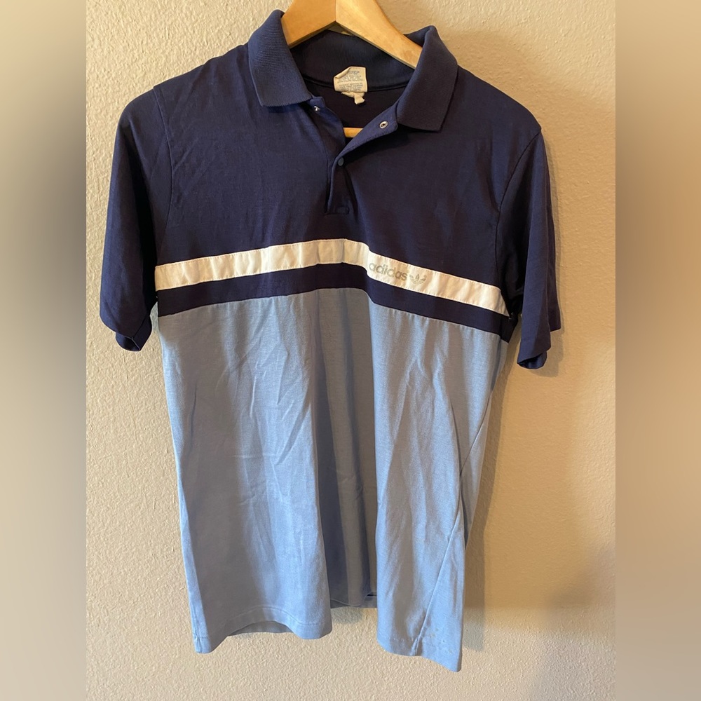 Vintage Adidas polo, dark blue/light blue with snap buttons.